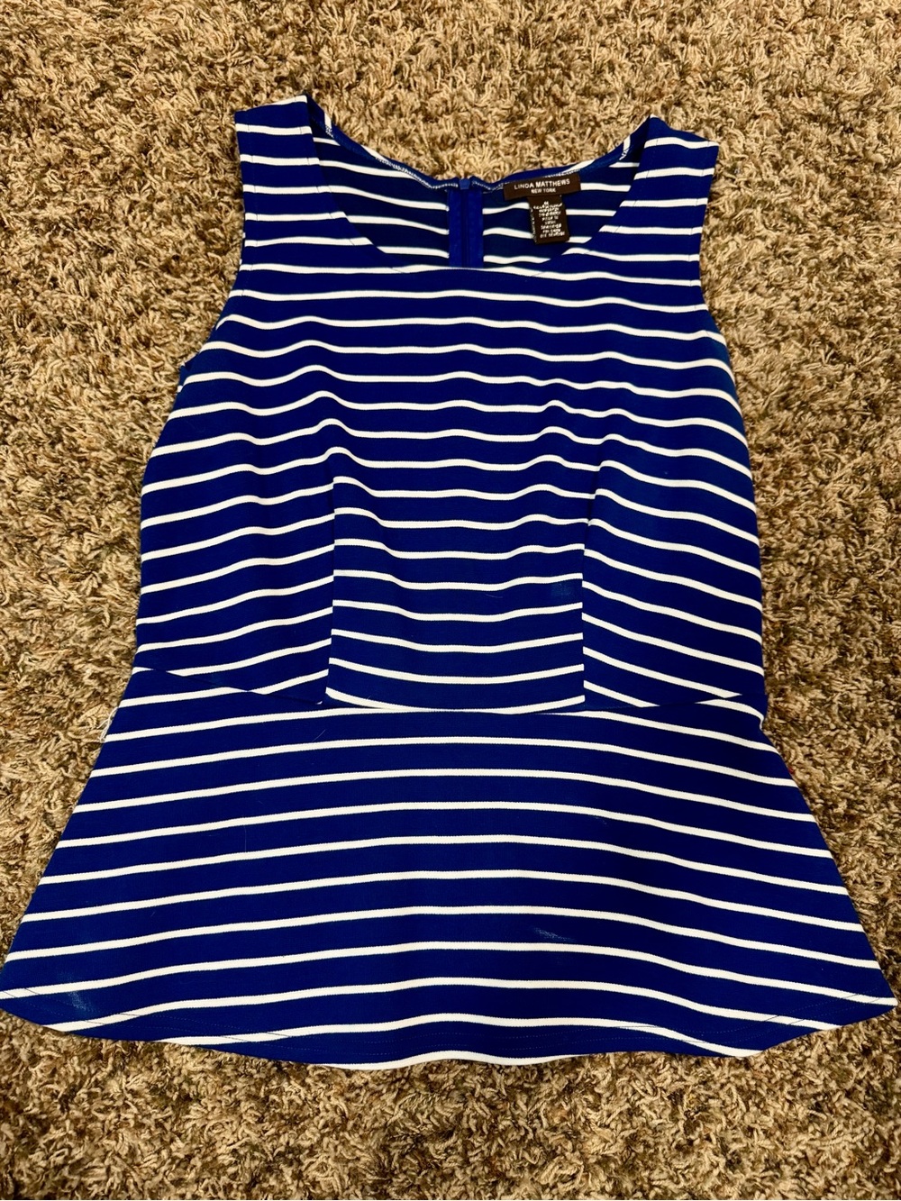 Linda Matthew’s NY Nautical Blue and White Striped Sleeveless Peplum Top